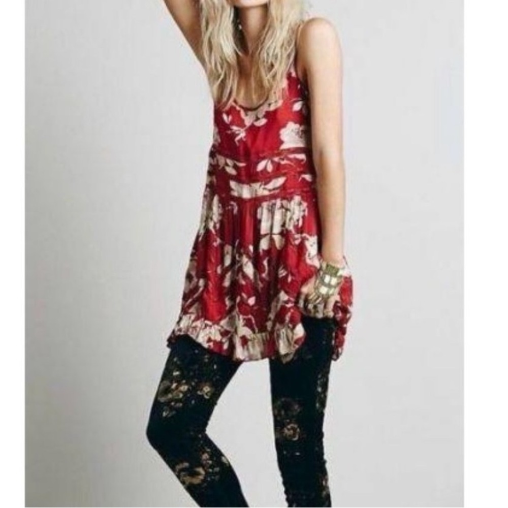 Free People Red Voile Lace Floral Trapeze Slip Dress Tunic Top Size XSmall